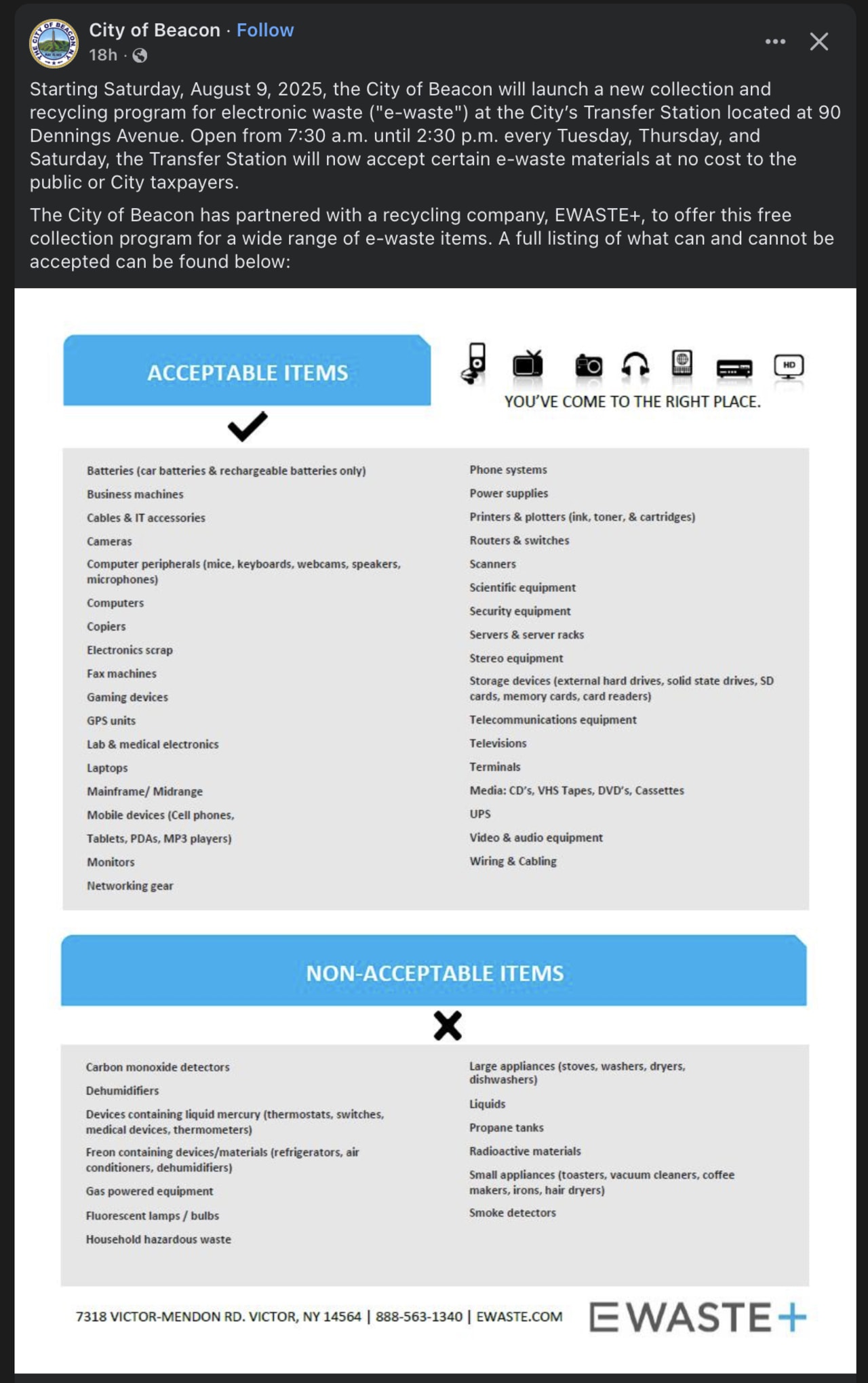 City of Beacon e-waste recycling program guidelines listing acceptable items like computers, phones, batteries, and non-acceptable items like appliances, mercury devices, and hazardous materials.
