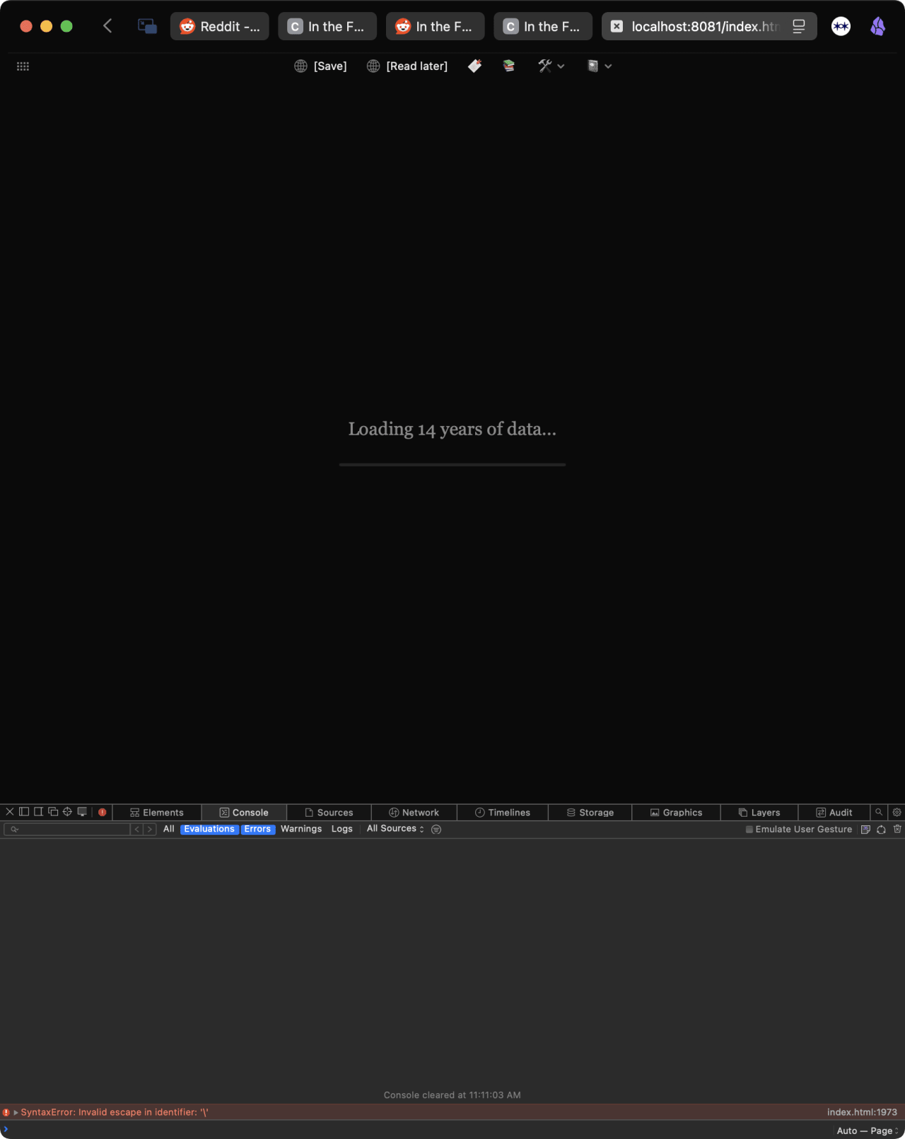 Web page loading screen displaying 'Loading 14 years of data...' with a progress bar, indicating a data-intensive application retrieving a large historical dataset.