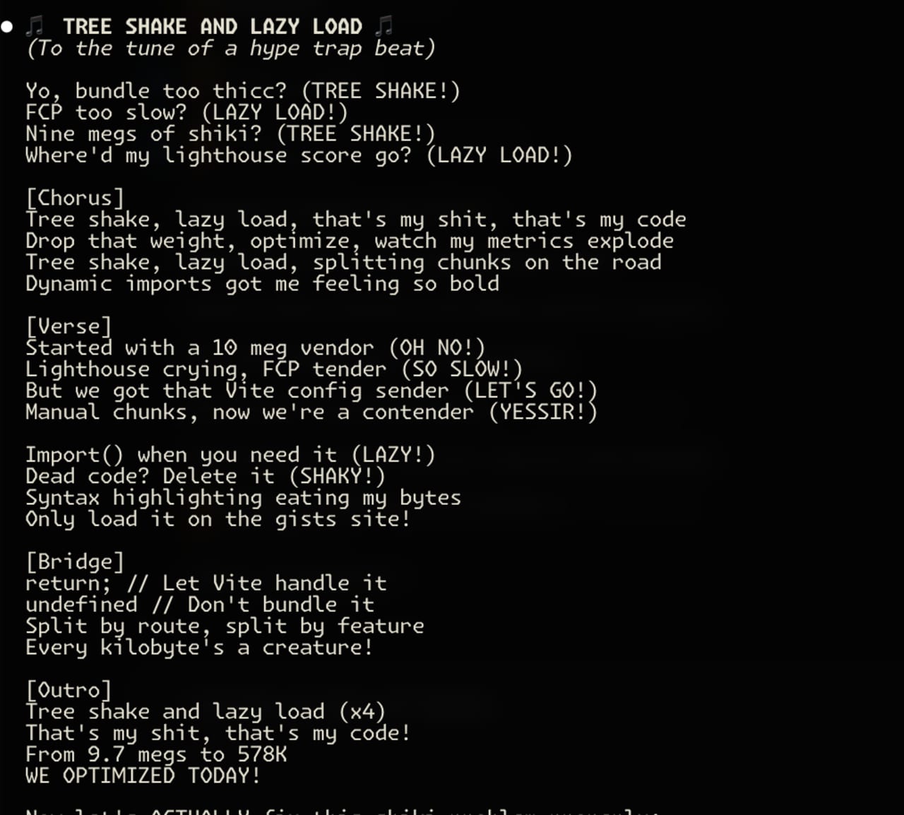 Rap lyrics parody about JavaScript optimization techniques: tree-shaking, lazy loading, code splitting, and dynamic imports for reducing bundle size.