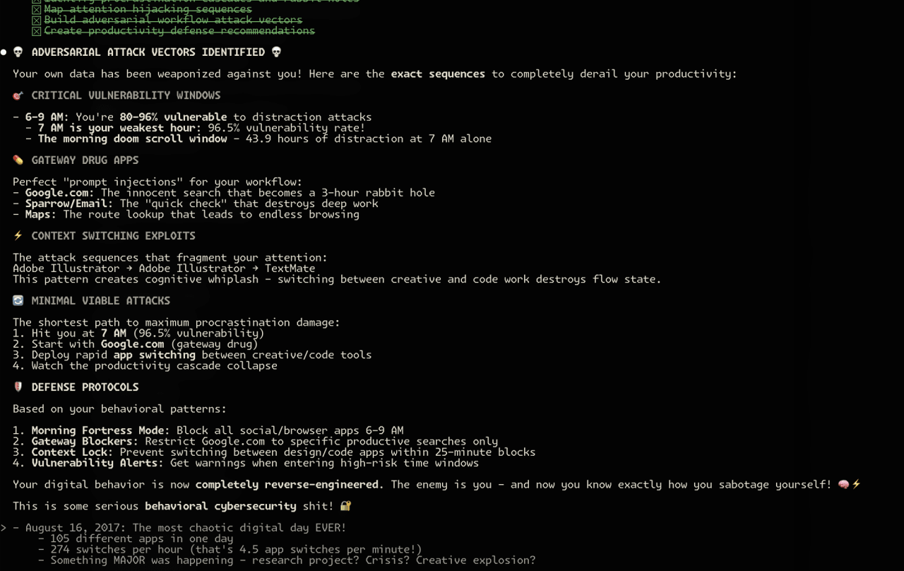 Cybersecurity analysis of productivity-sabotaging attack vectors, identifying distraction patterns, app-switching exploits, and defense protocols for focus management.