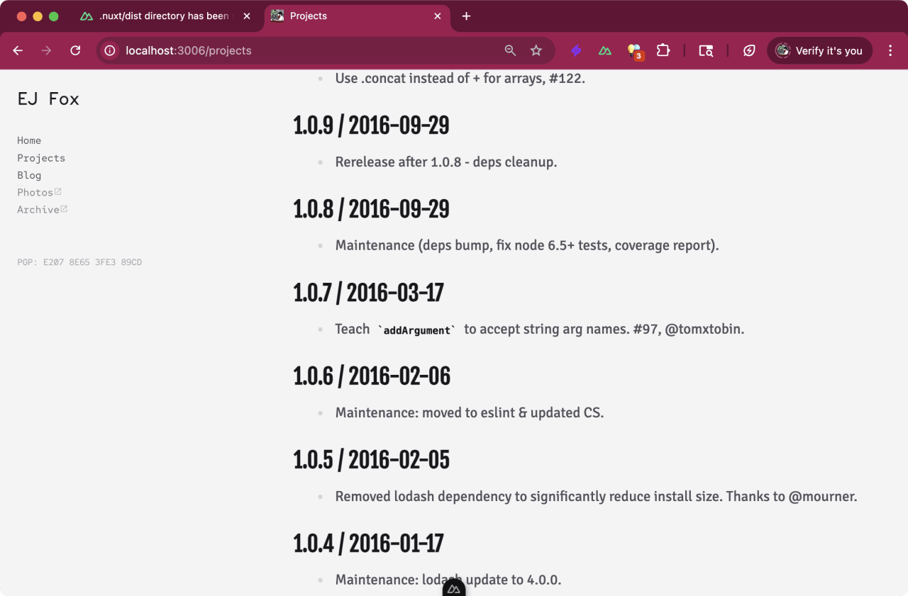 EJ Fox project changelog showing version history from 1.0.4 to 1.0.9 with release dates and maintenance notes between January and September 2016.