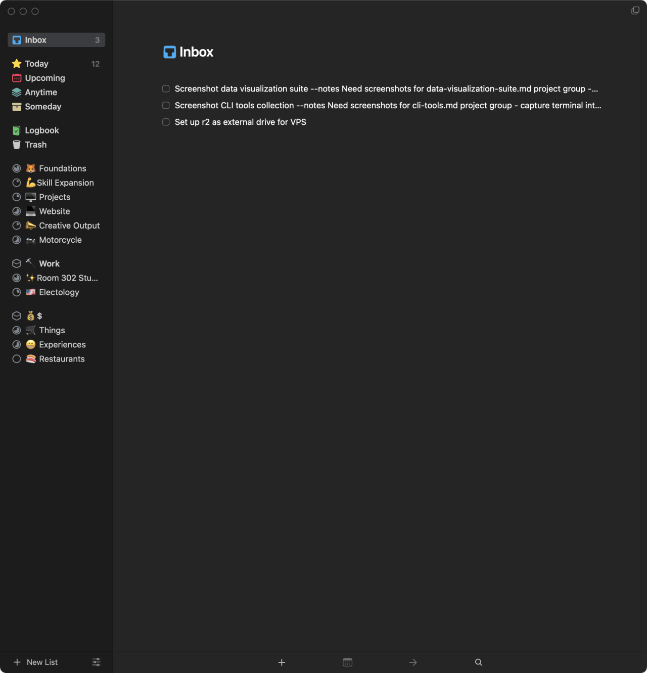 Task management inbox with three pending items: screenshots needed for data visualization and CLI tools projects, and R2 external drive setup for VPS.