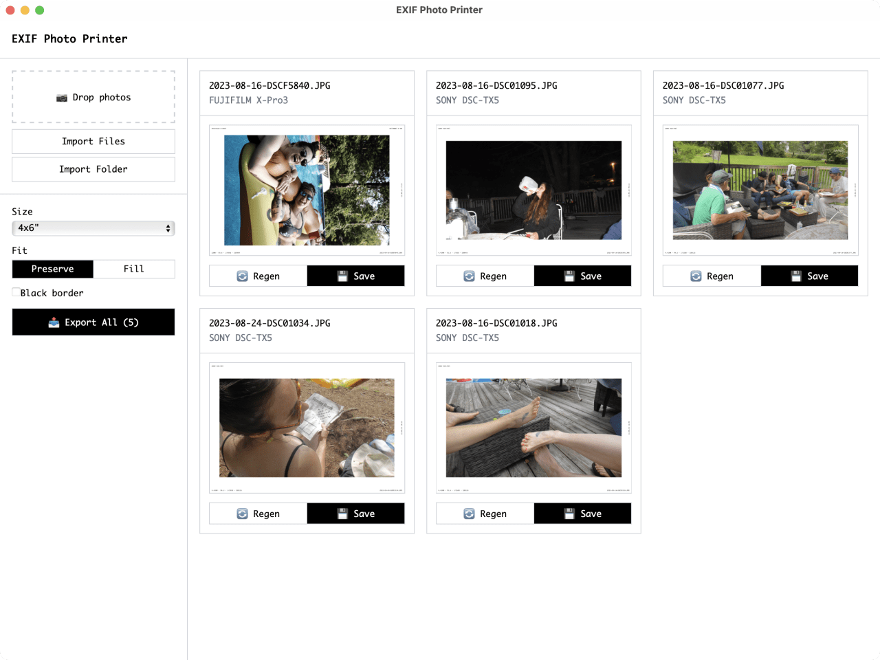 EXIF Photo Printer application displaying five family photos with options to regenerate layouts or save prints at 4x6 size. EXIF Photo Printer application displaying five family photos with options to regenerate layouts or save prints at 4x6 size.