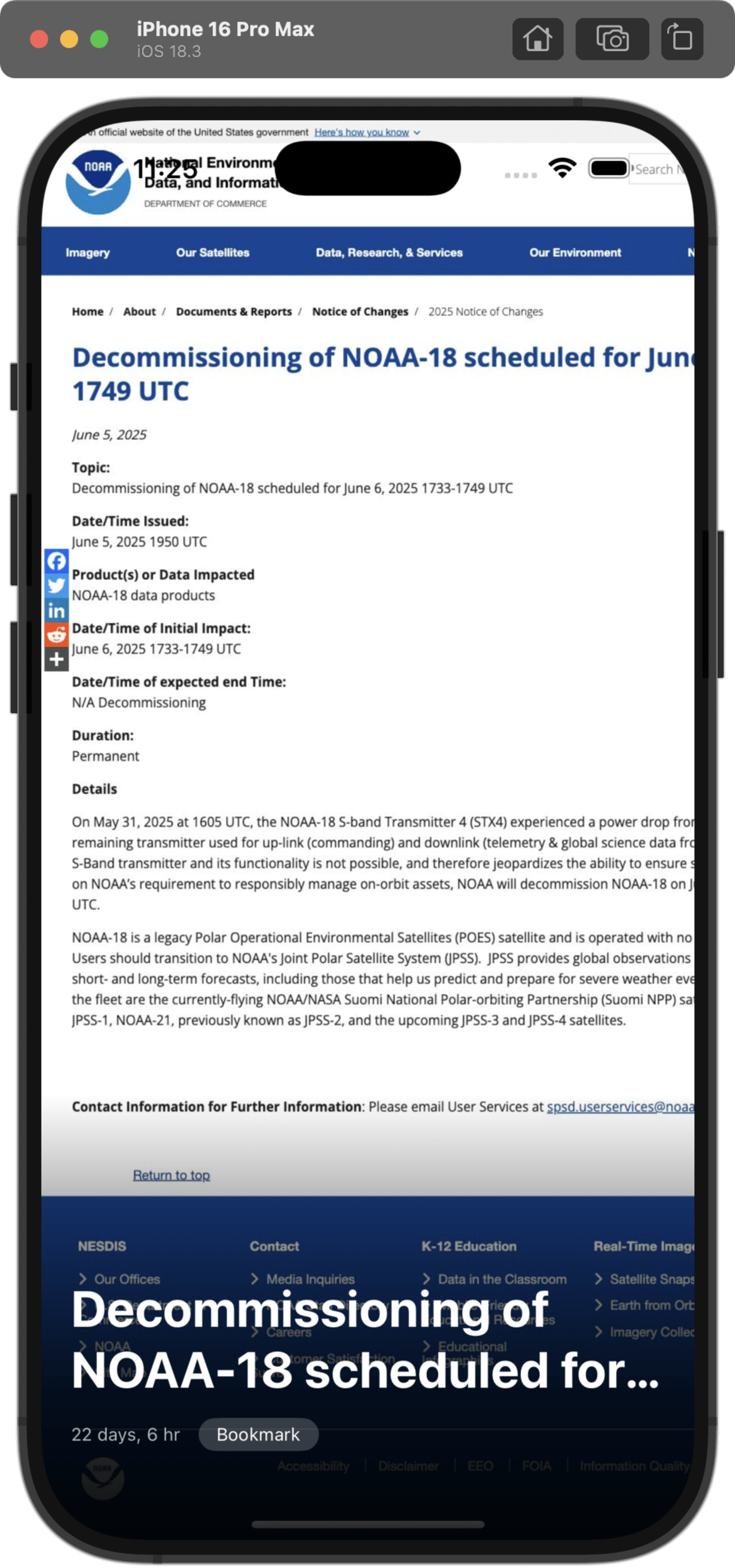 NOAA notice announcing permanent decommissioning of NOAA-18 satellite on June 6, 2025 due to transmitter failure, with transition guidance to JPSS satellites.