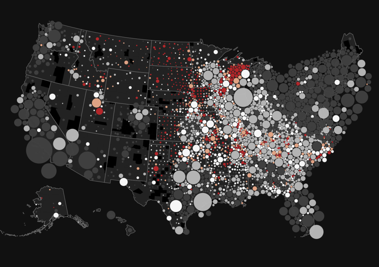 U.S. map showing population distribution by county with bubble size and color indicating demographic density and variation.