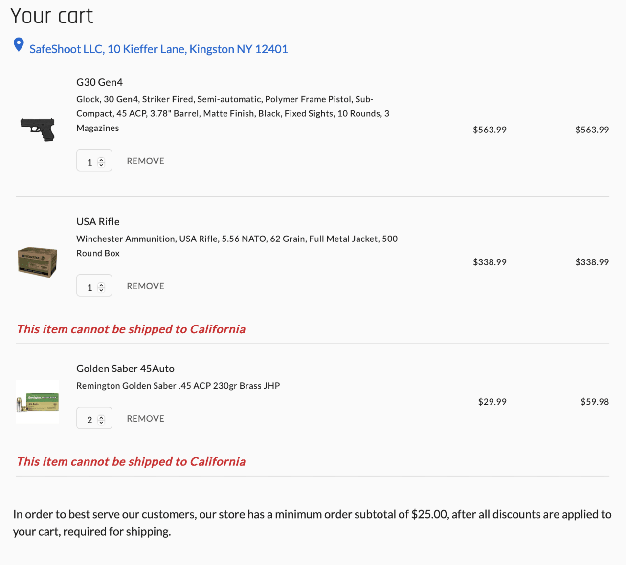 Shopping cart containing firearms and ammunition with shipping restrictions to California and $25 minimum order requirement.