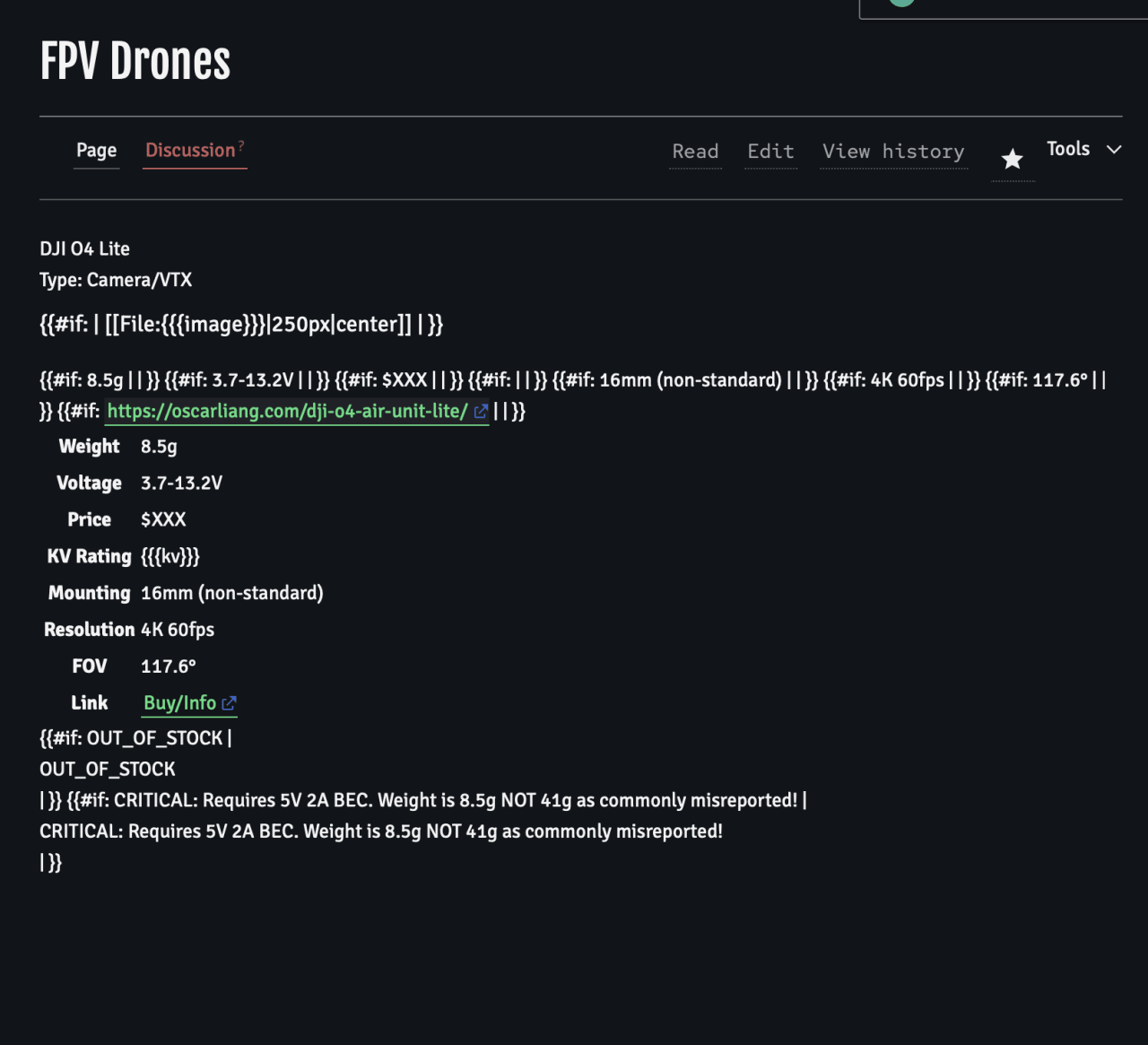 Wiki specification page for DJI O4 Lite FPV drone camera, listing weight 8.5g, voltage 3.7-13.2V, 4K 60fps resolution, and 117.6° FOV.