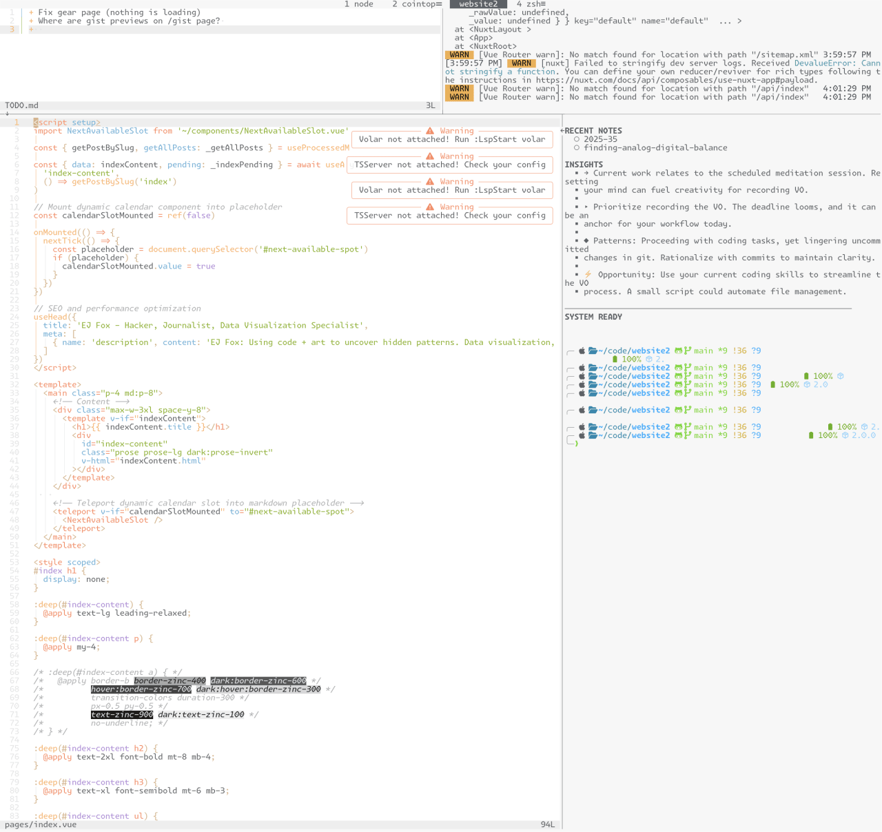 Vue.js component code with template structure, script setup for data management, and styling for an index page with dynamic calendar mounting.