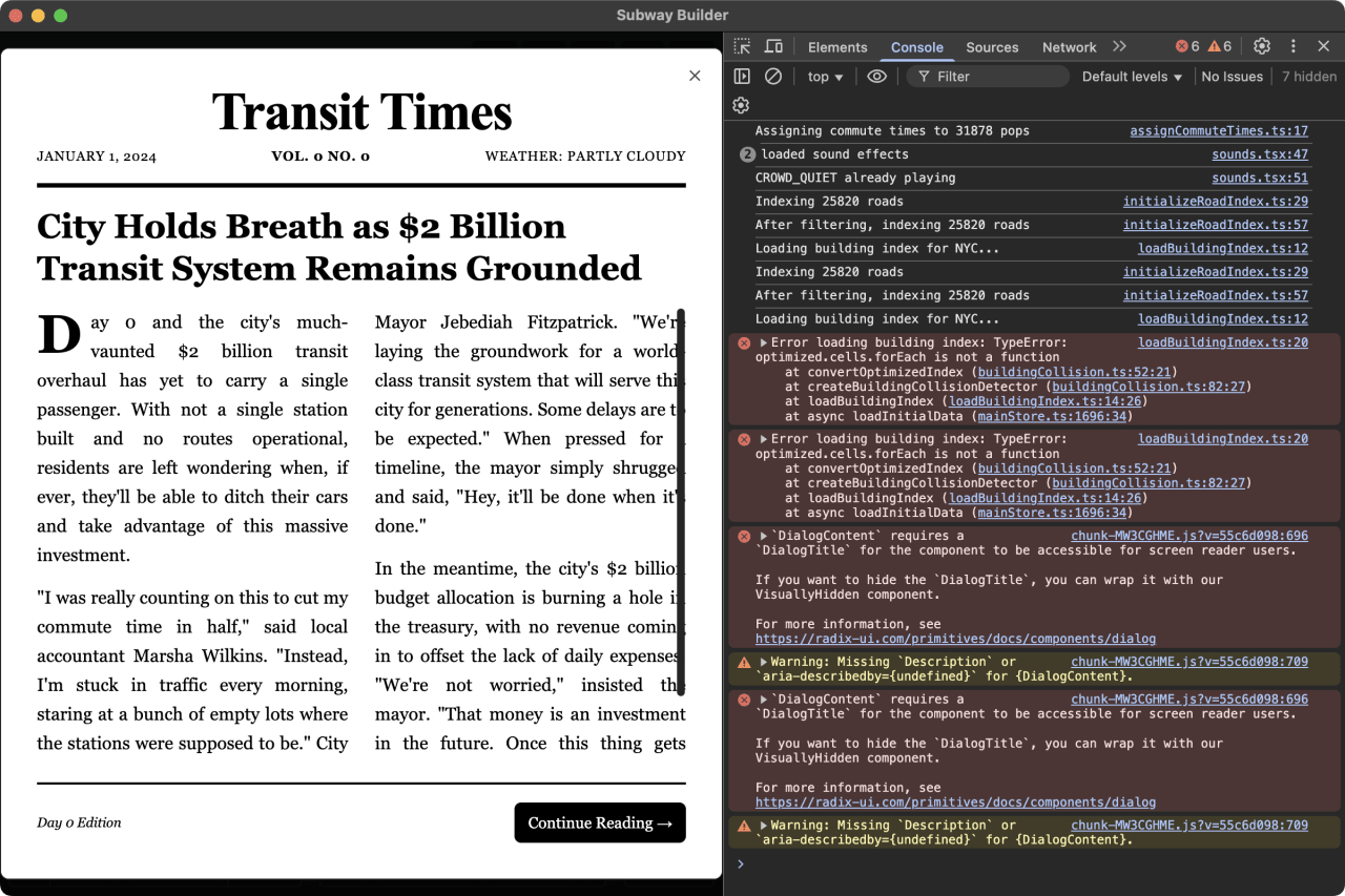 Newspaper article about a $2 billion transit system project that remains incomplete, with browser developer console showing TypeErrors and accessibility warnings.