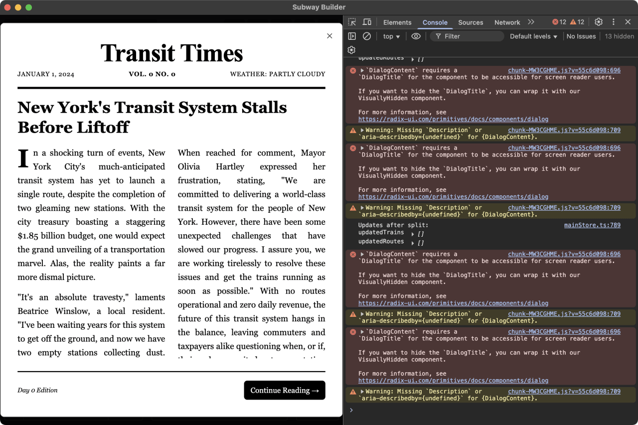 Newspaper article reporting New York City's transit system launch delays despite completed stations and $1.85 billion budget.