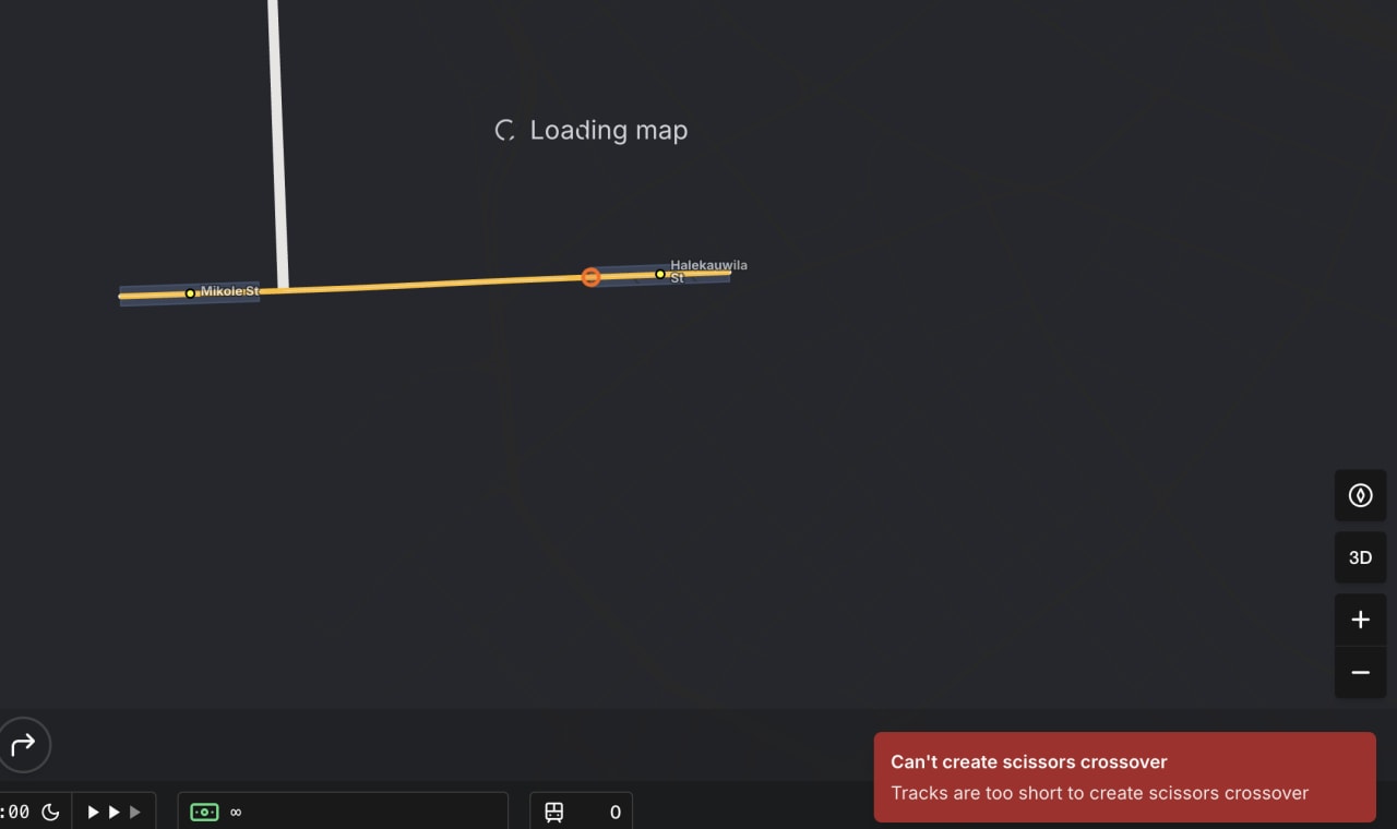 Transit map loading screen showing Mikole St and Halekauwila St stations on a rail line, with error message that tracks are too short to create scissors crossover.