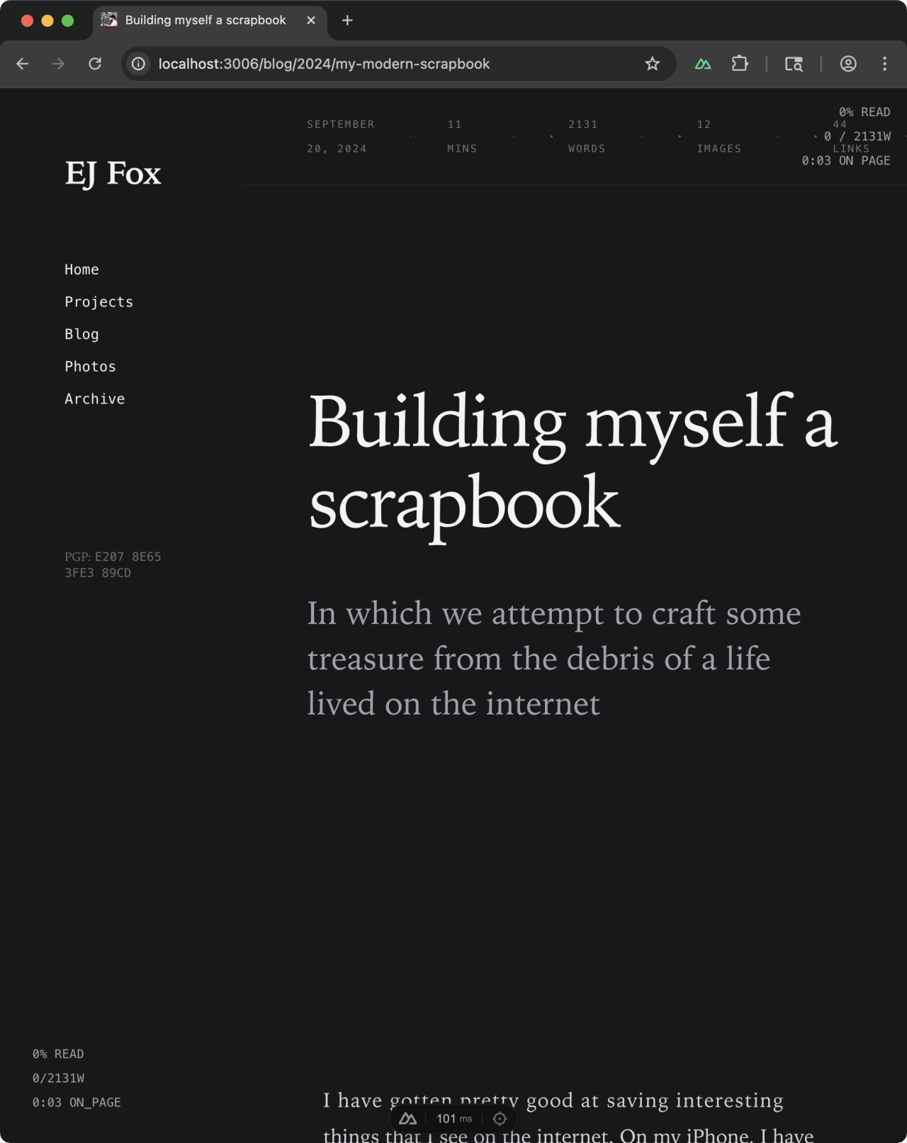 Blog post titled 'Building myself a scrapbook' describing an internet-based life documentation project.
