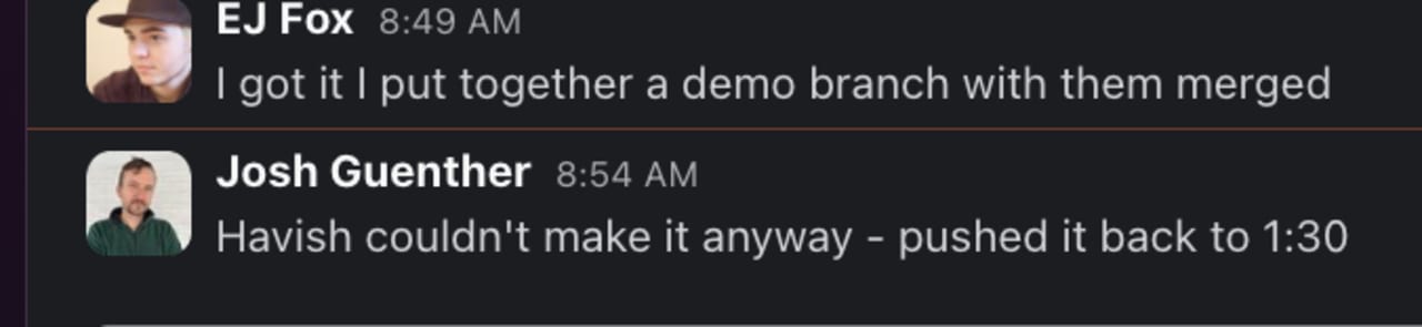 Slack messages about merging a demo branch and rescheduling a meeting from 8:49 AM to 1:30 PM due to unavailability.
