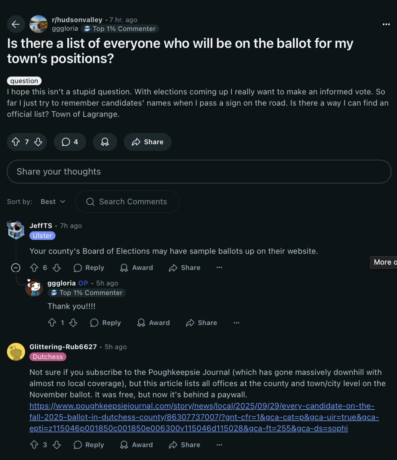 Reddit thread asking where to find official ballot candidate lists for town elections, with helpful comments suggesting county Board of Elections websites and local news archives.
