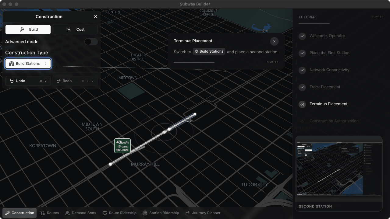 Subway Builder construction mode — laying track in an isometric city