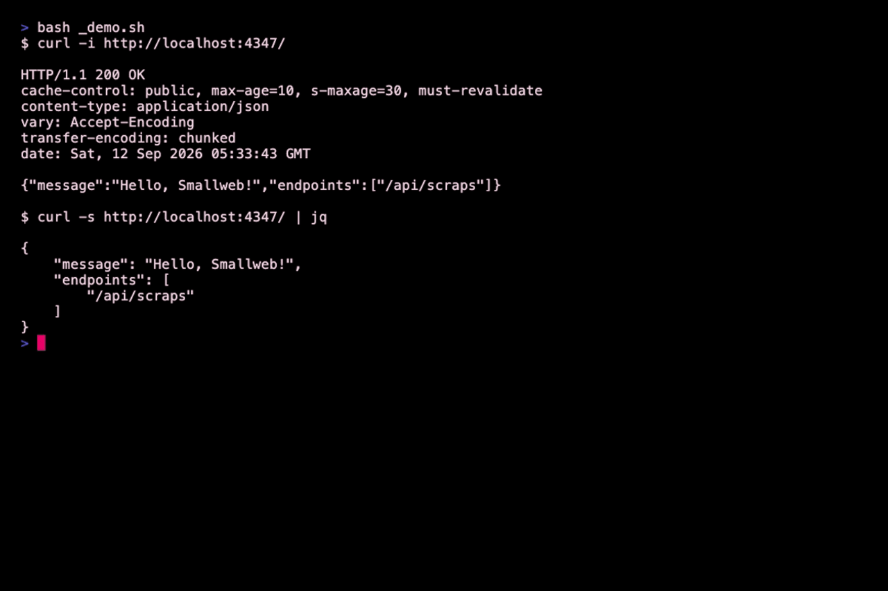 The starter running locally — a live HTTP request returning JSON, with rate-limiting and cache-control headers from the Hono middleware