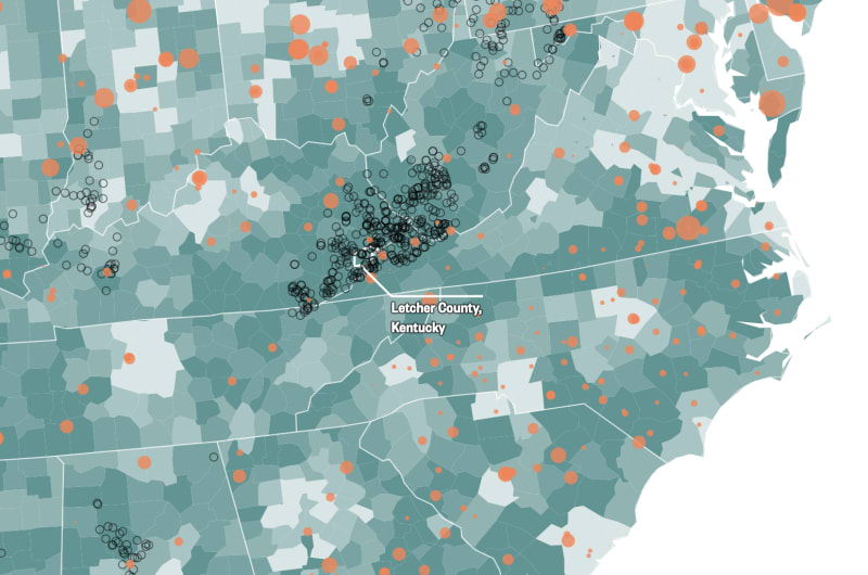 A map comparing the location of prisons and coal mines in the southeastern United States