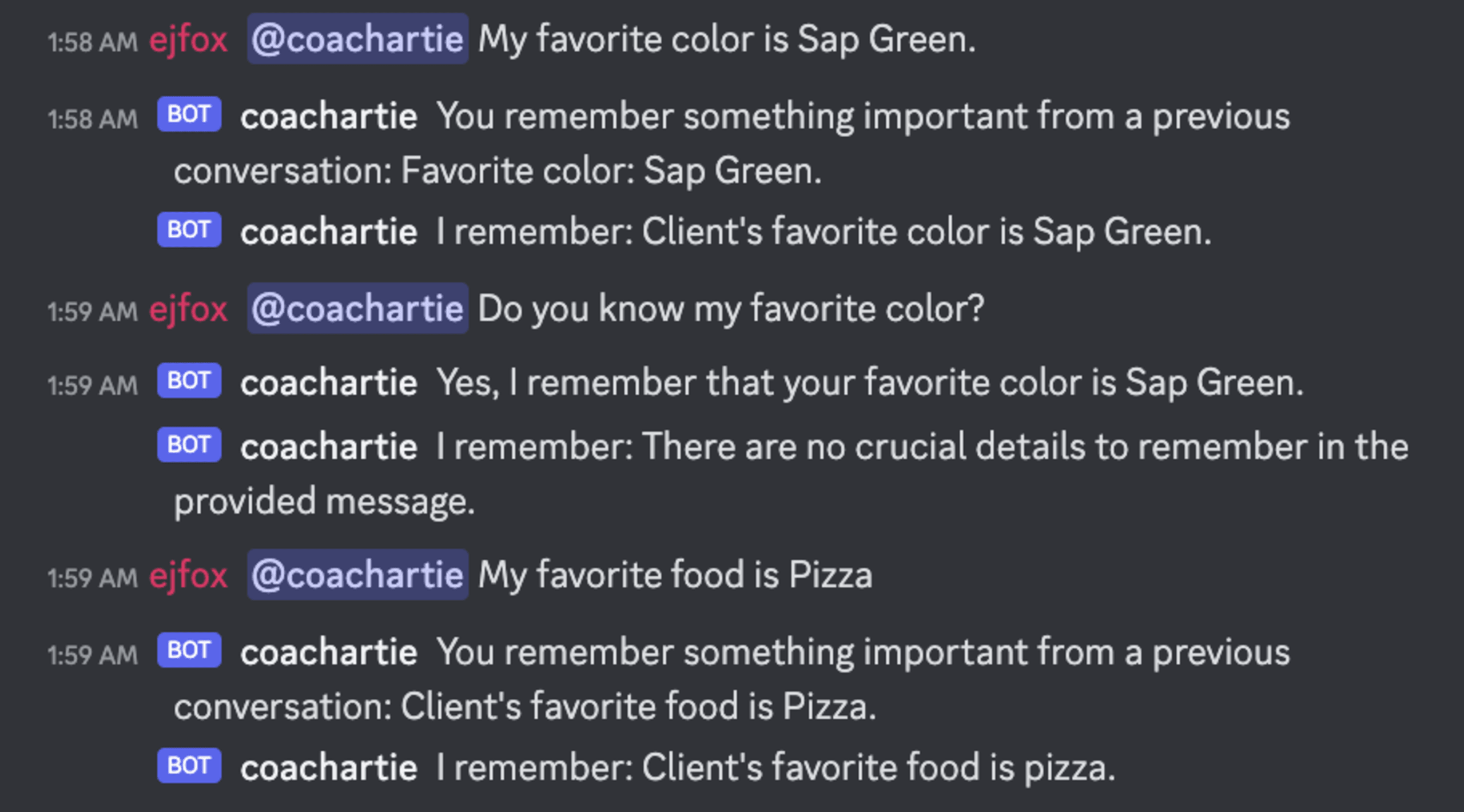 In this conversation, ejfox shares that their favorite color is Sap Green and their favorite food is Pizza. Coach Artie, the bot, acknowledges and remembers these preferences.