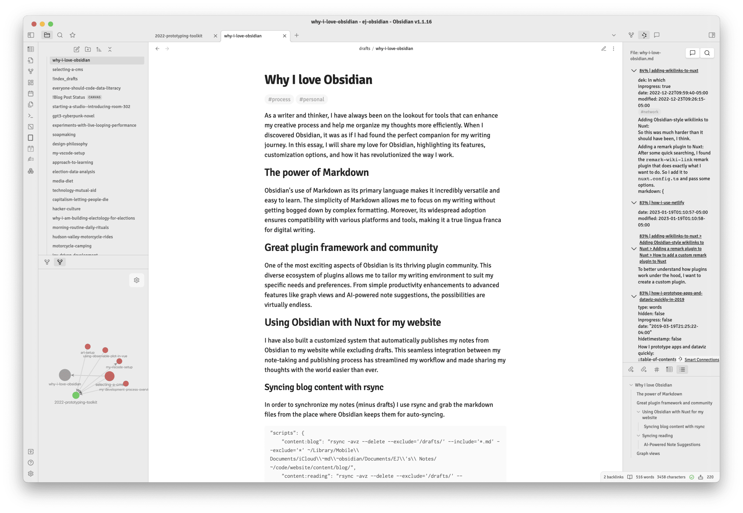 A screenshot of my Obsidian workspace: the top left pane has a list of files, the bottom left pane has a local network graph of notes and tags related to this one, the main pane has the content of this post, the top right pane has Smart Connection-powered similar articles, and the bottom right pane has an outline of the table of contents