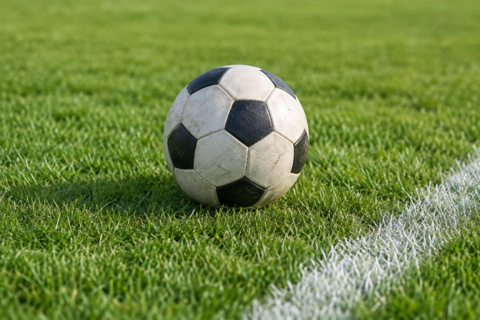 A black-and-white soccer ball resting on grass beside a white field line.