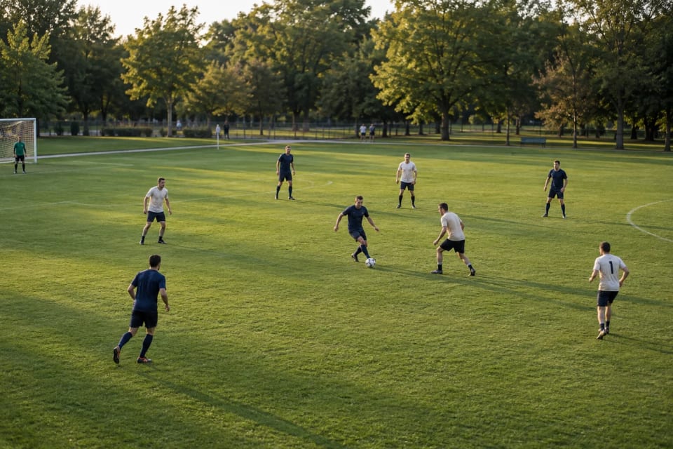 Players in navy and off-white shirts spread across a green soccer field in a fictional park game.