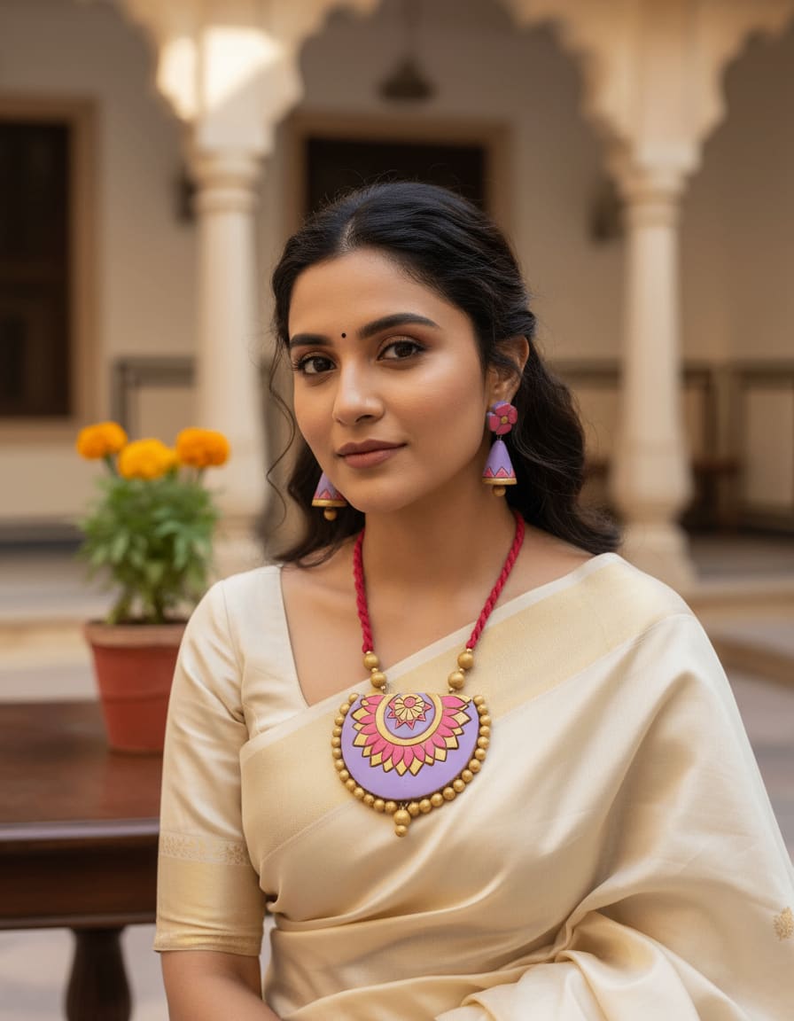 Handmade Pink Necklace with Earring