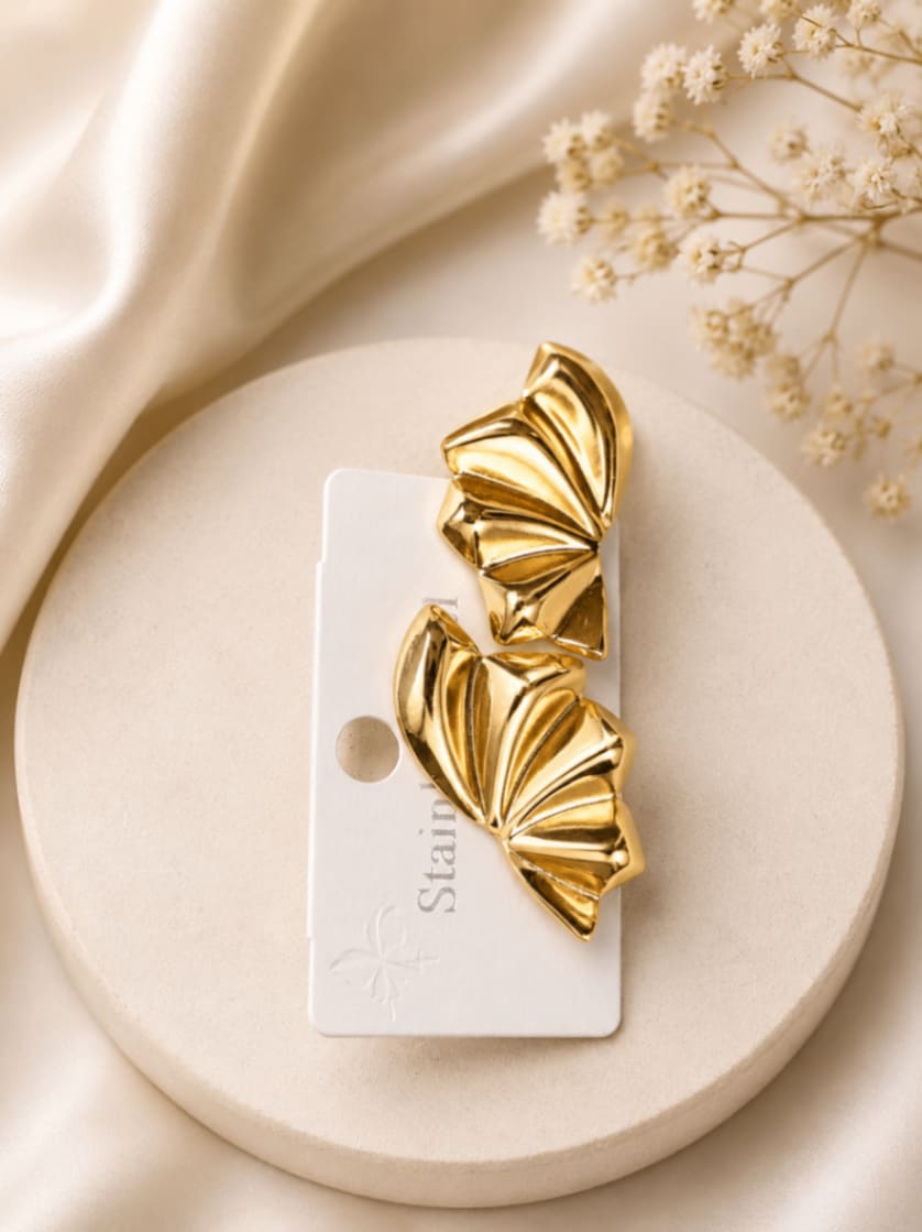 Golden Fan-Shaped Stud Earrings