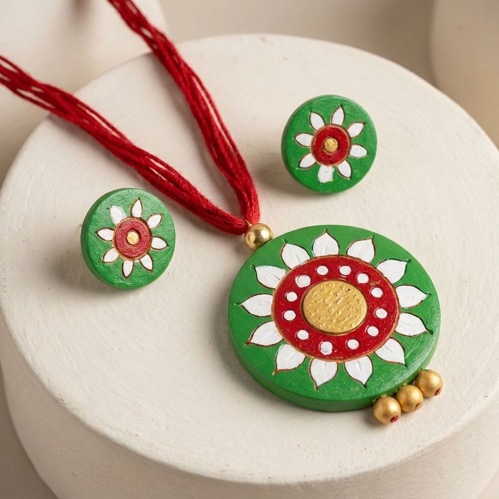 Handcrafted Terracotta Floral Pendant Necklace with Matching Earrings Set