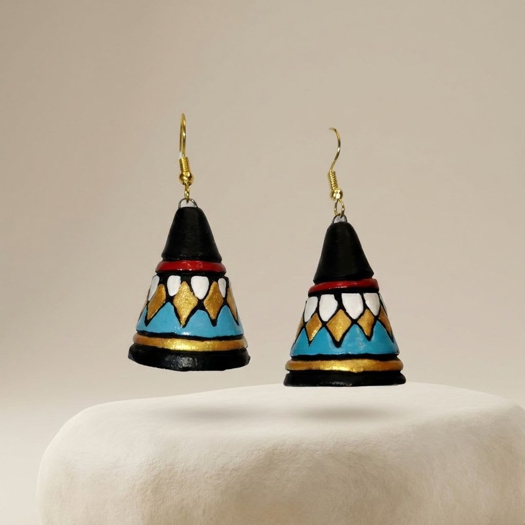 Hand-Painted Terracotta Cone Earrings with Geometric Tribal Design