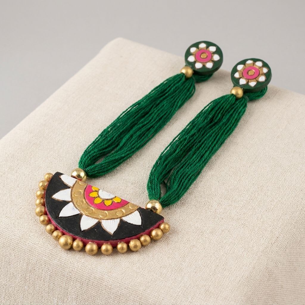 Handcrafted Green Thread Necklace Set with Floral Motifs