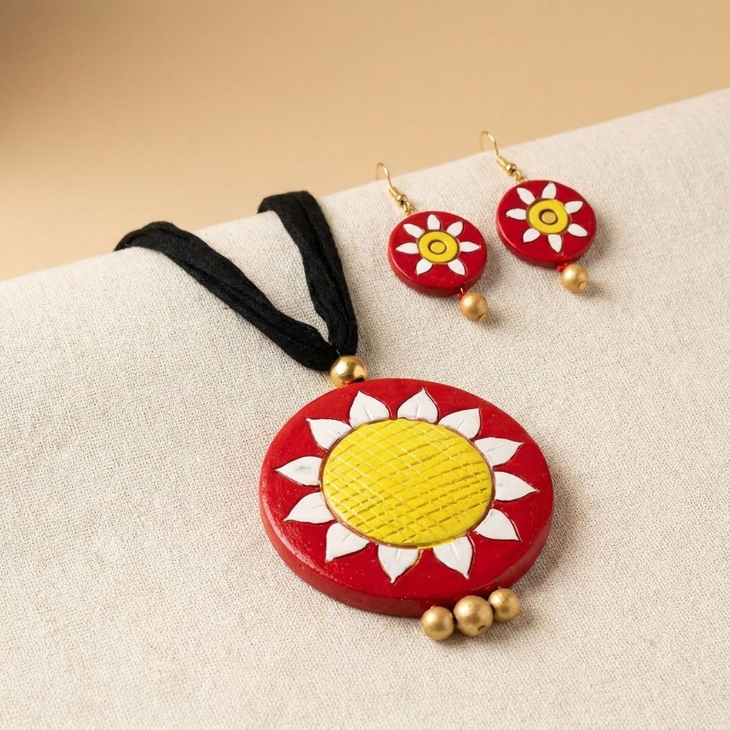 Handcrafted Floral Terracotta Jewelry Set with Necklace and Earrings