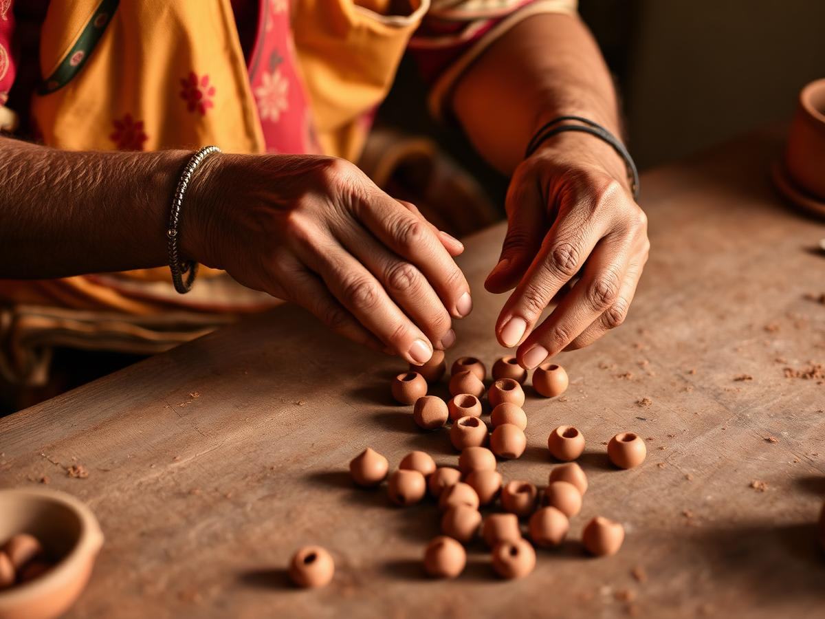 Artisan shaping terracotta clay beads by hand