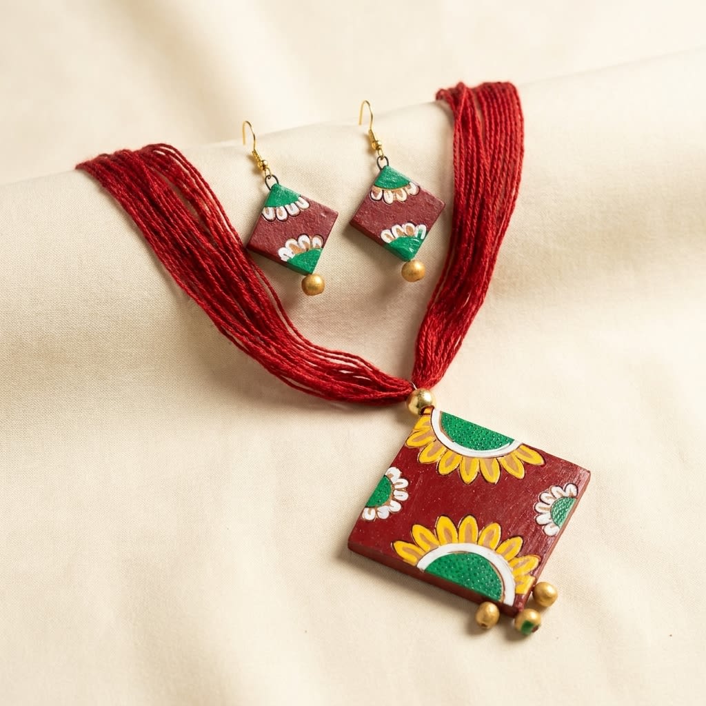 Ethnic Handcrafted Terracotta Jewelry Set with Floral Design