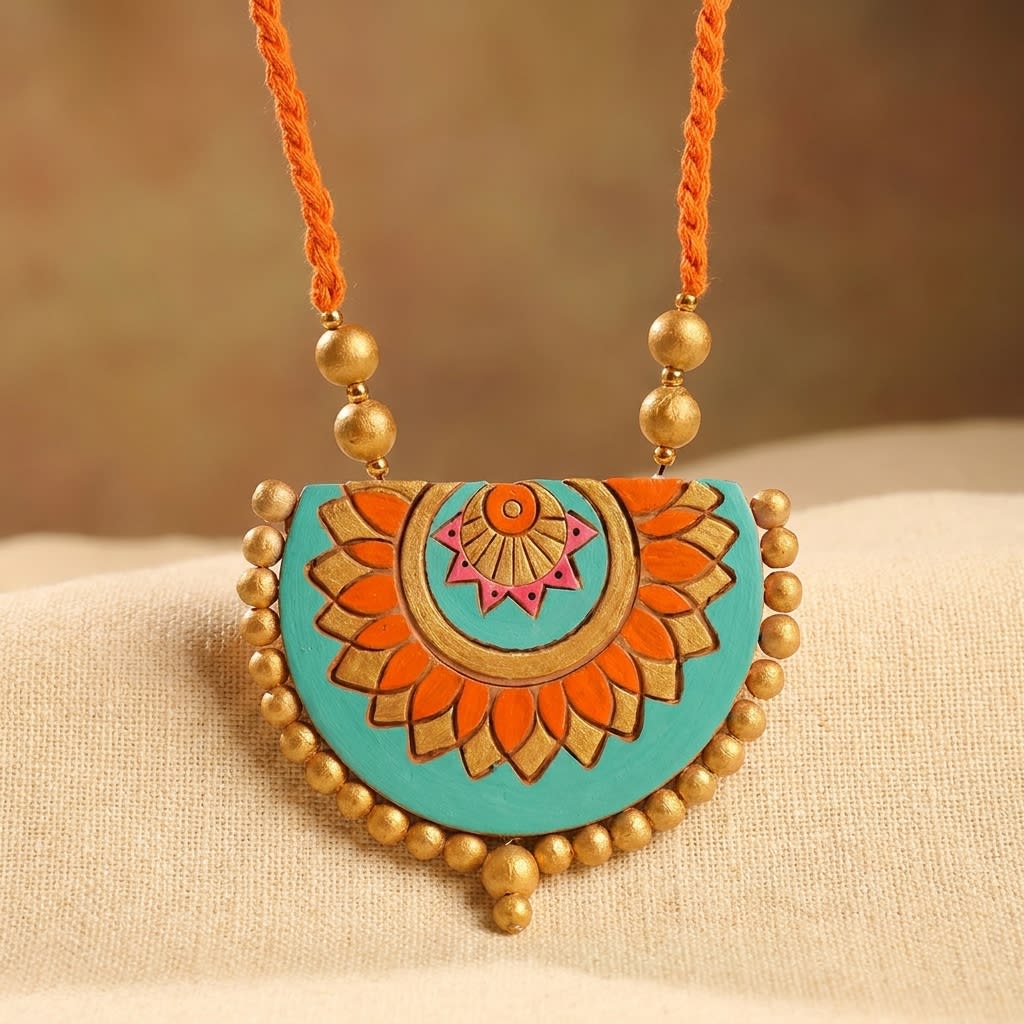 Traditional Hand-Painted Terracotta Necklace and Earring Set - Turquoise and Orange Floral Design