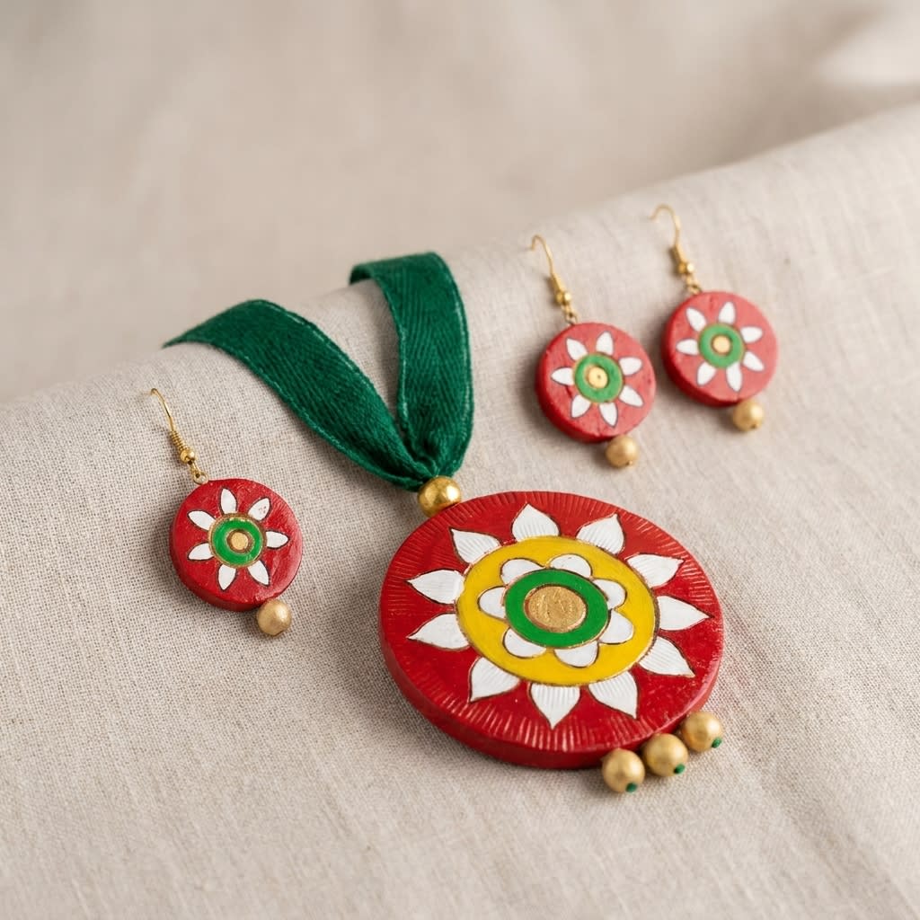 Traditional Handcrafted Terracotta Necklace and Earrings Set with Floral Motifs