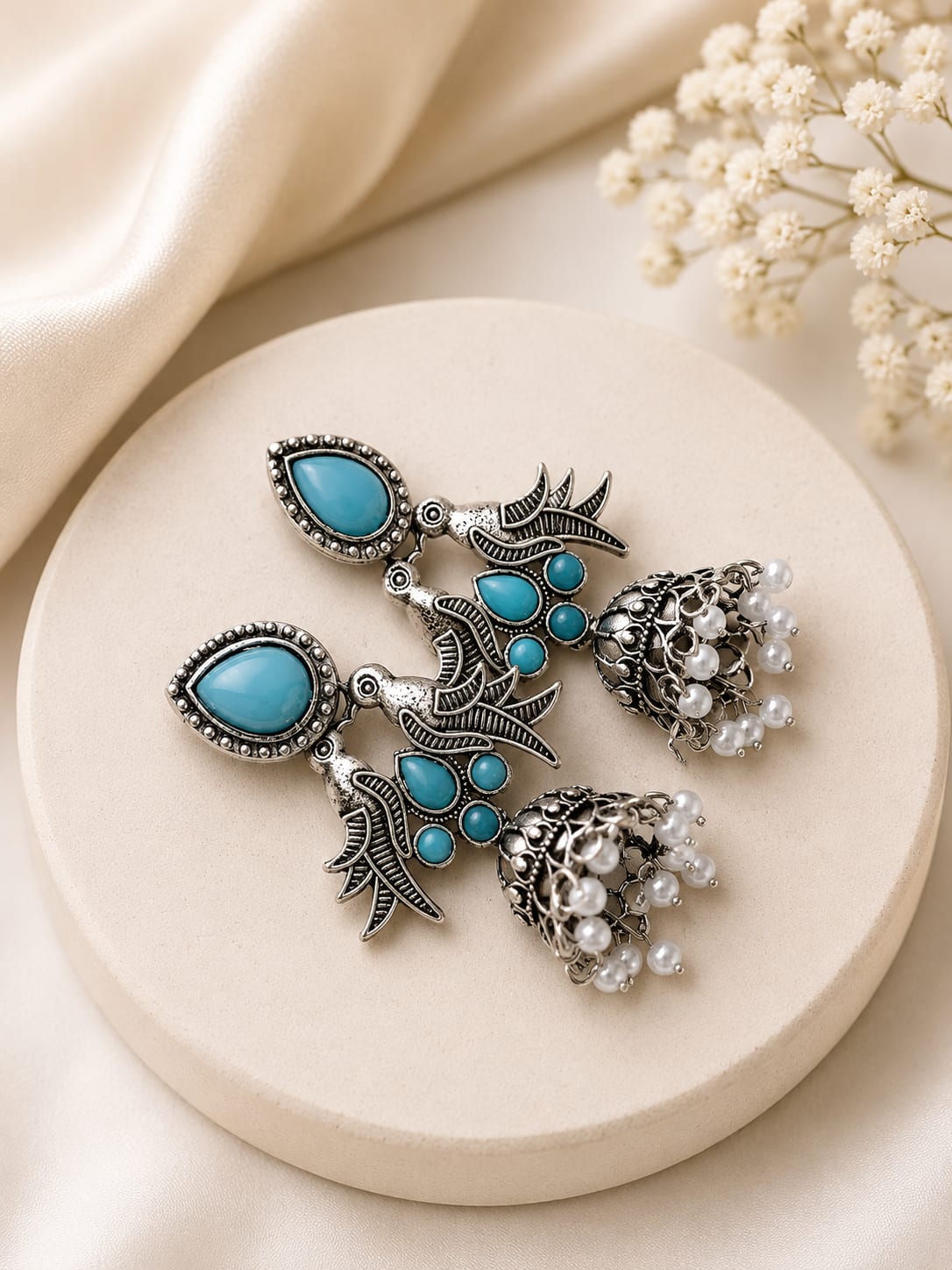 Turquoise Stone Charm Earrings with Bird and Turtle Motifs