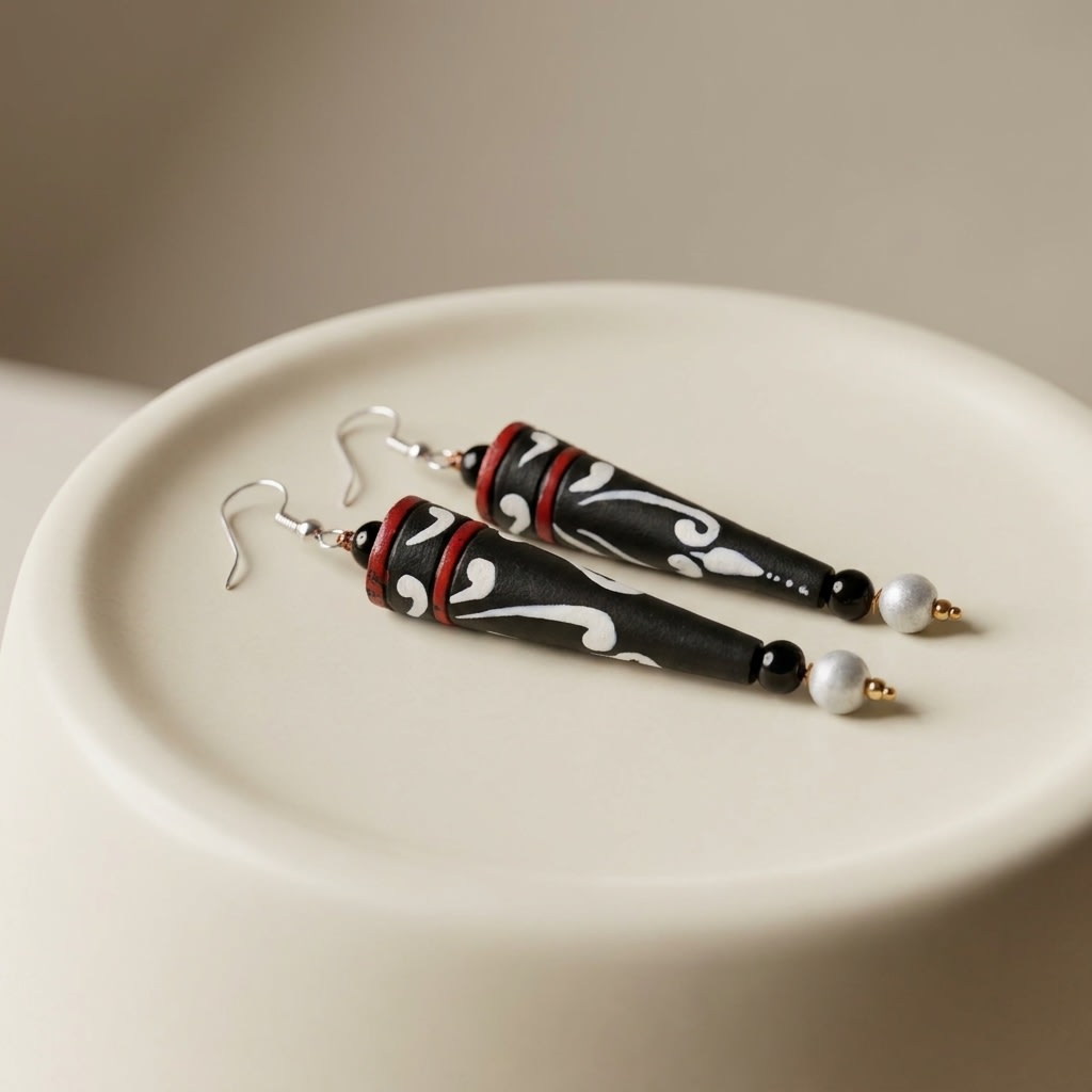 Handcrafted Black Beaded Earrings with White Swirl Design