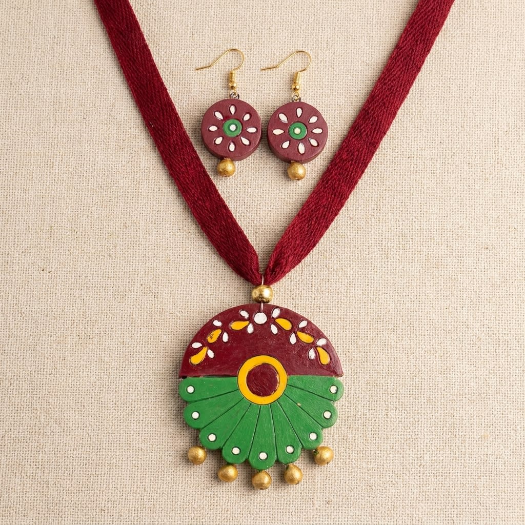 Maroon Ethnic Handcrafted Terracotta Necklace and Earrings Set