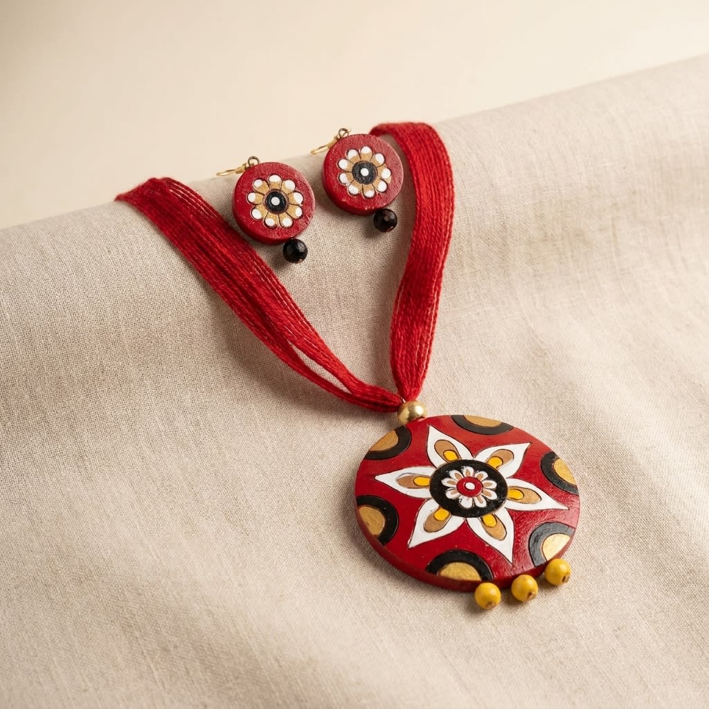 Handcrafted Red Terracotta Jewelry Set with Floral Pendant and Matching Earrings