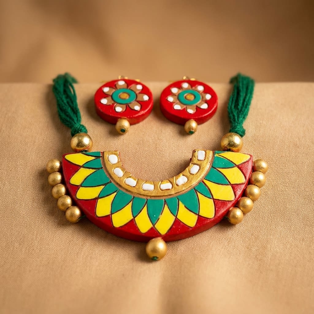 Decorative Terracotta Handcrafted Necklace Set with Tribal Motifs