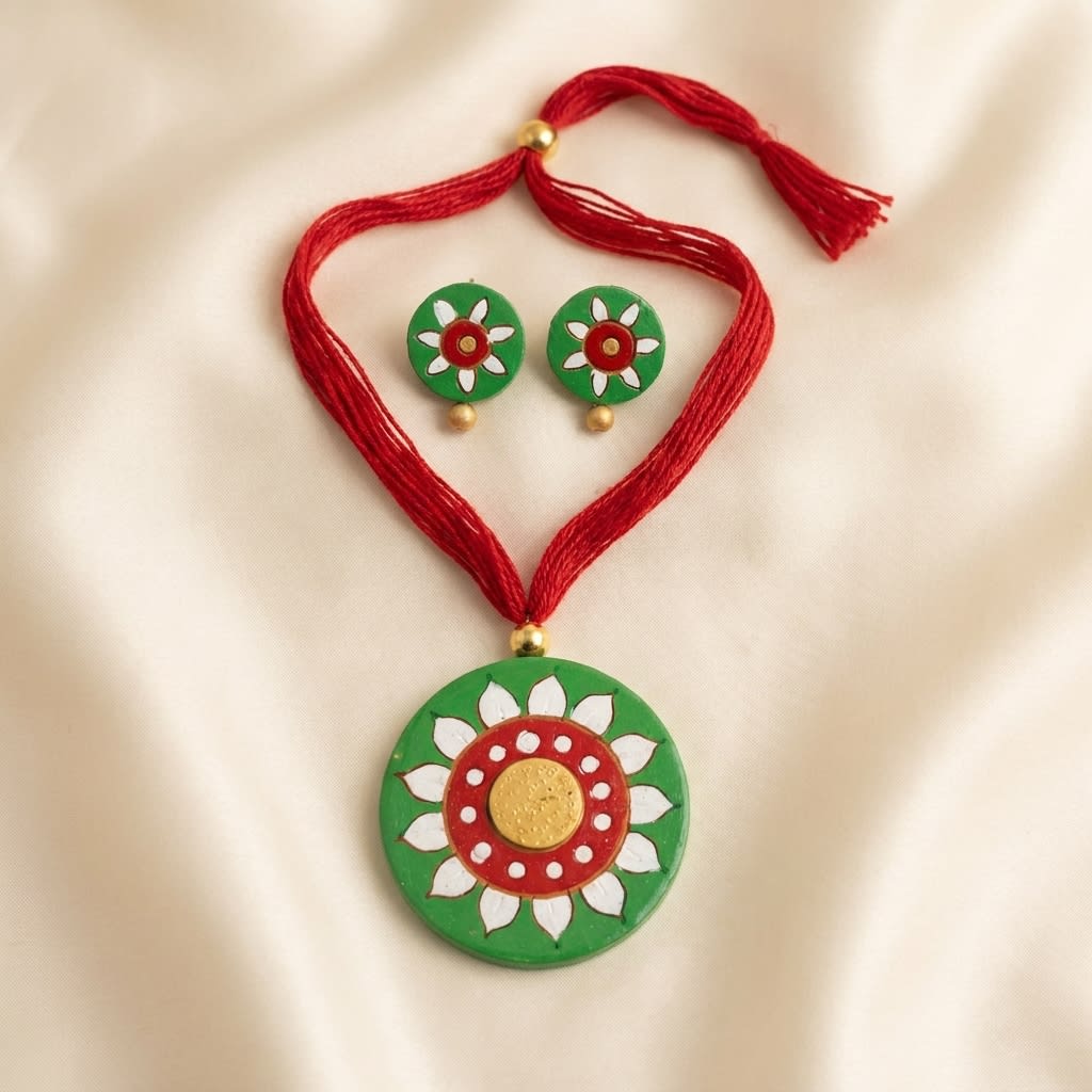 Handcrafted Traditional Terracotta Jewelry Set - Green & Red Floral Design