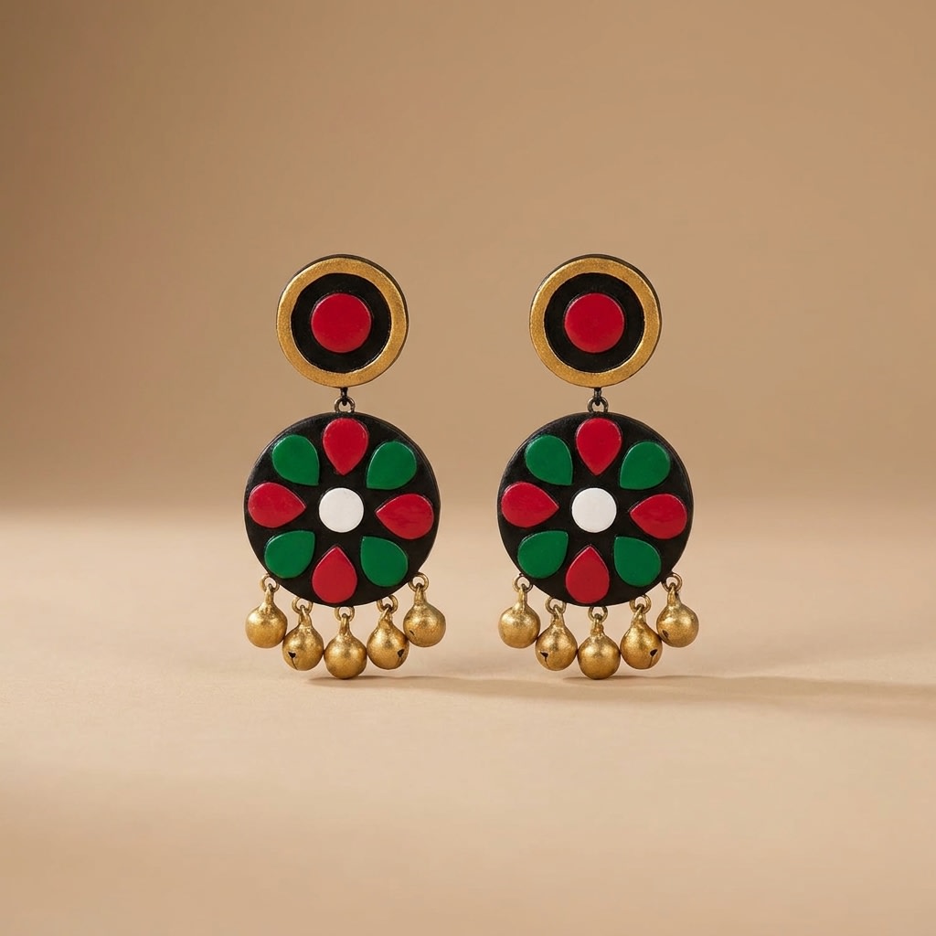Colorful Circle Earrings with Floral Design