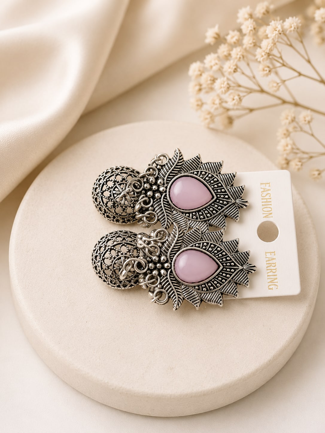 Antique Silver Peacock Earrings with Pink Stone