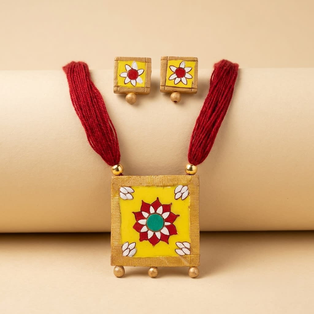 Traditional Handcrafted Terracotta Necklace Set with Floral Motifs - Yellow and Maroon