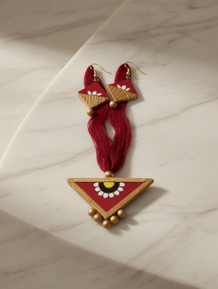 Traditional Maroon Fabric Tassel Necklace with Tribal Pendant