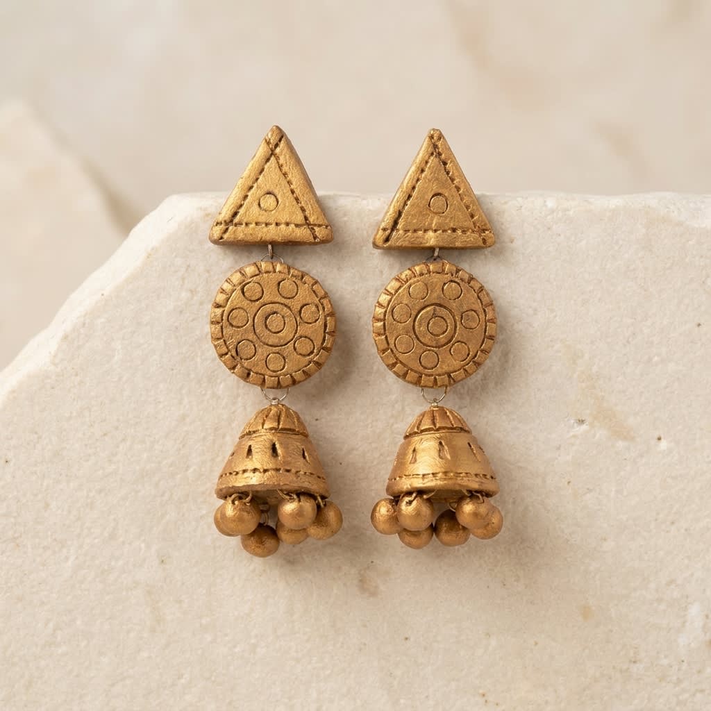 Handcrafted Golden Triangle and Circle Jhumka Earrings