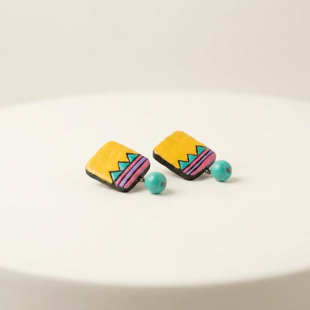 Colorful Geometric Pattern Earrings with Teal Bead Drop