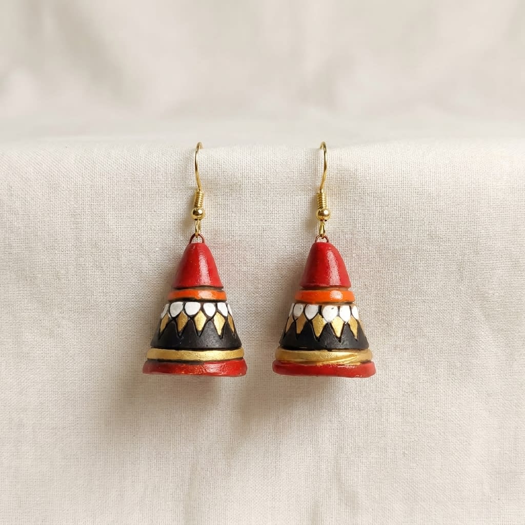 Handcrafted Red & Black Traditional Jhumka Earrings with Gold Accents