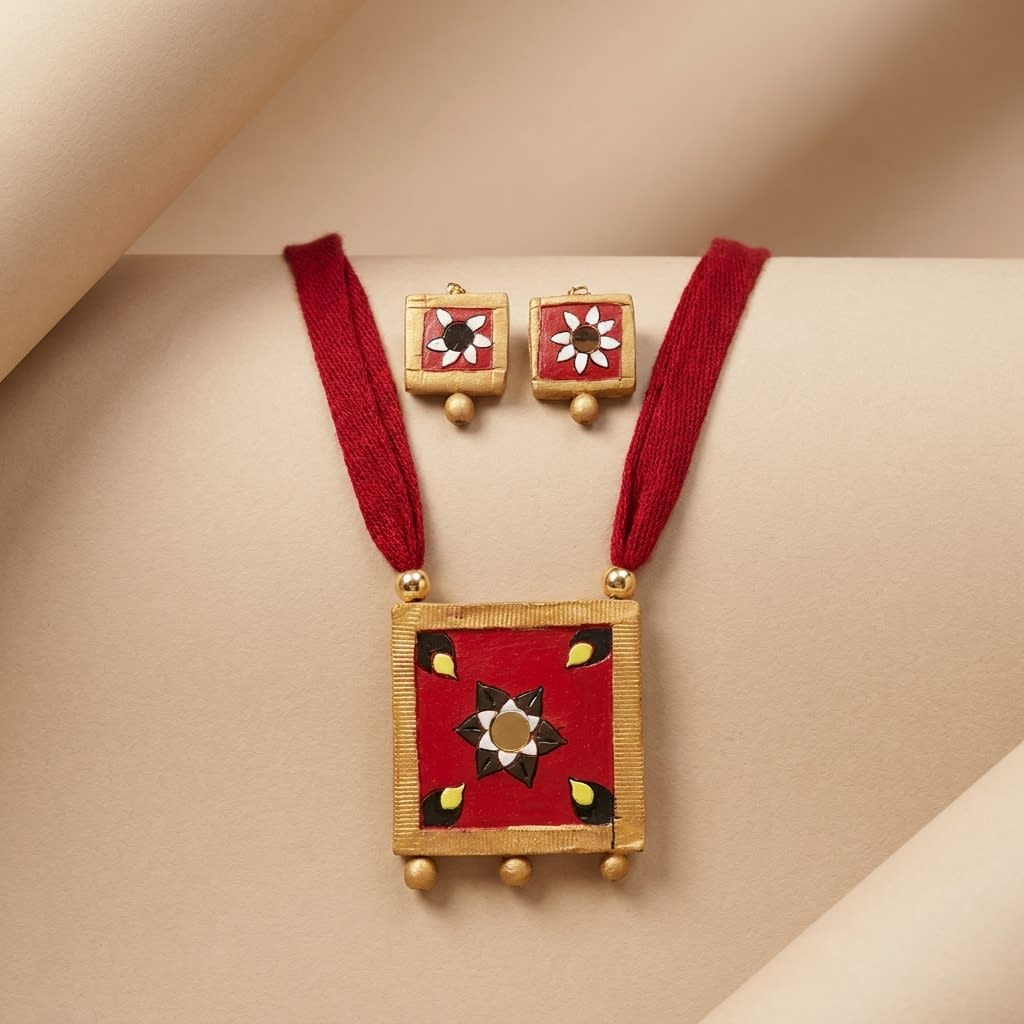 Traditional Handcrafted Maroon Terracotta Necklace Set with Floral Motifs