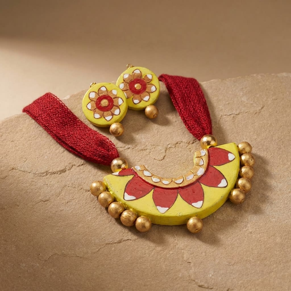 Traditional Handcrafted Terracotta Necklace with Maroon Fabric Tassels